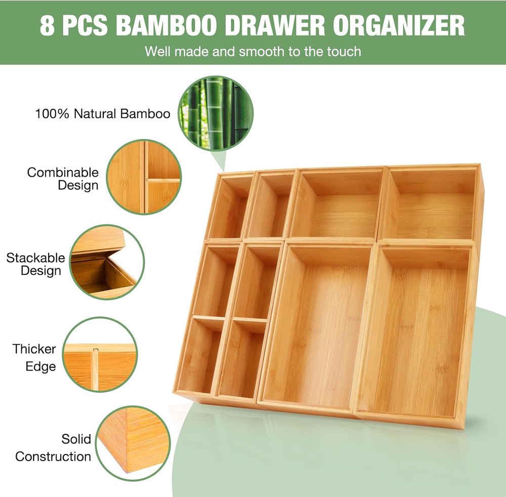 Bamboo Drawer Organizer Set, 8 PCS Multi-Use Wood Drawer Storage Boxes, Junk ...