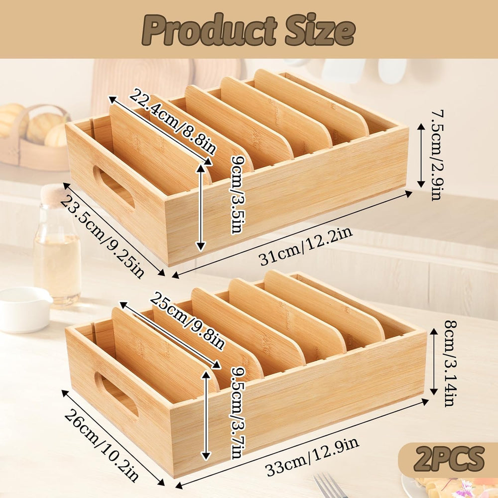 2 Pack Bamboo Lid Holder with 5 Adjustable Dividers Food Container Kitchen Ca...