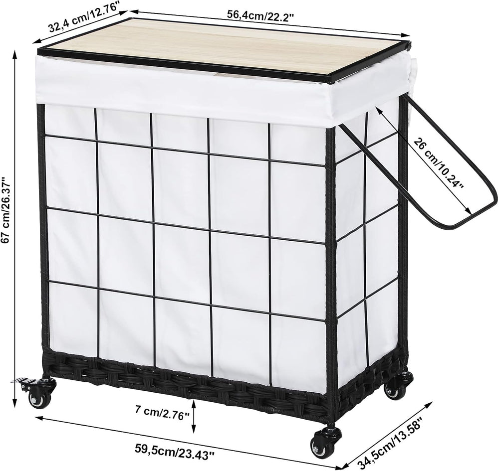 110L Laundry Hamper with Wood Lid, Rolling Laundry Basket with Liner Bag