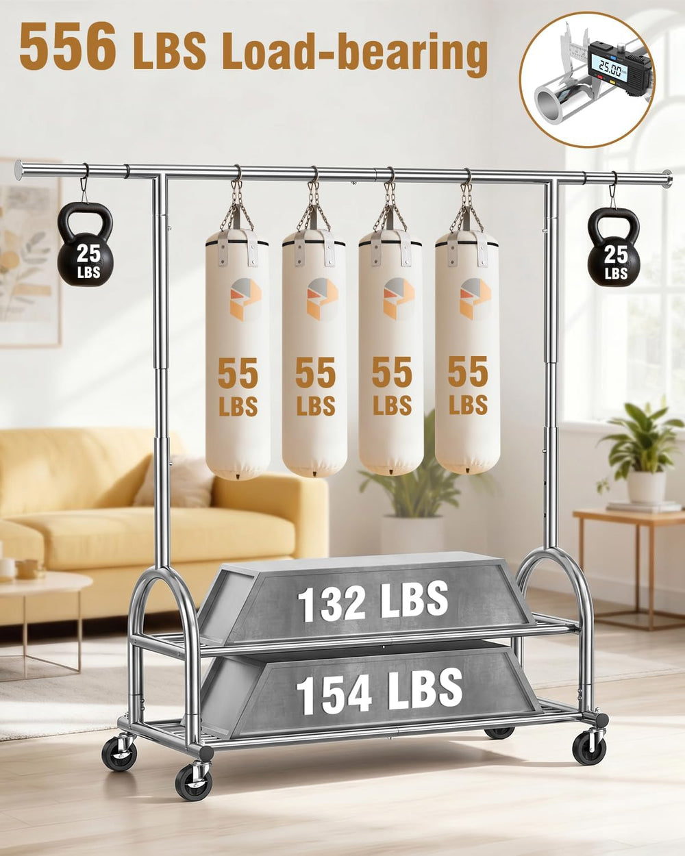 EAGMAK Rolling Clothes Rack Heavy Duty Clothing Rack with 2 Shelves, Silver