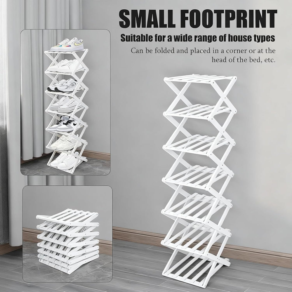Vertical Narrow Shoe Rack White, 7 Tier Portable Folding Shoe Storage Rack, W...