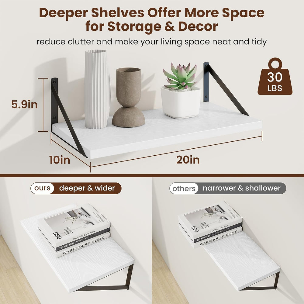 Axeman 20 Inch Floating Shelves, 10 Inch Deep White Wall Shelves Set of 2