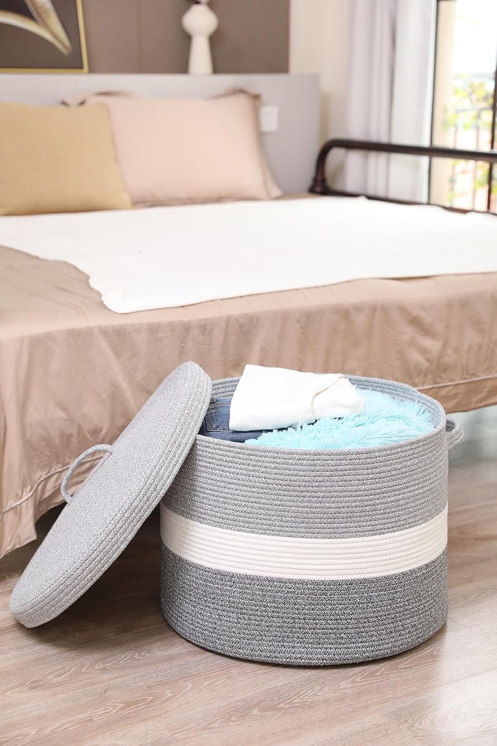 20x15 Inch Extra Large Round Cotton Rope Storage Basket with Lid, Decorative ...