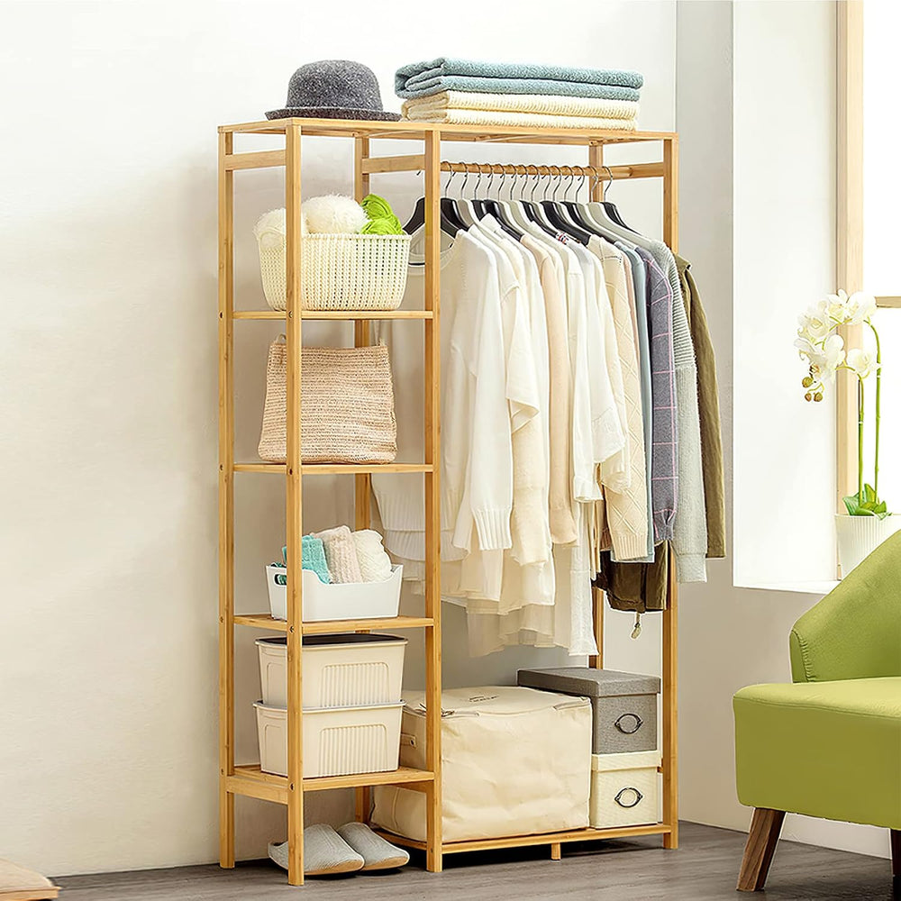 Jotsport Bamboo Clothing Rack with 6 Tier Storage Shelf & Hanging Rod