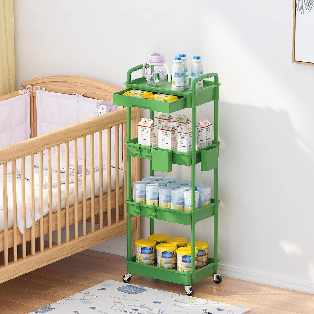 4 Tier Rolling Utility Cart with Drawer, Plastic Storage Organizer Rolling Ca...