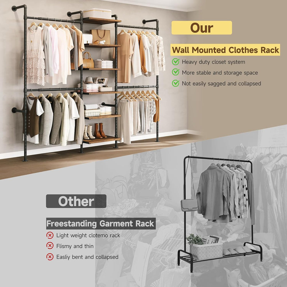 ONBRILL T1 Wall Mounted Closet System with 6 Wood Shelves & 4 Hanging Rods