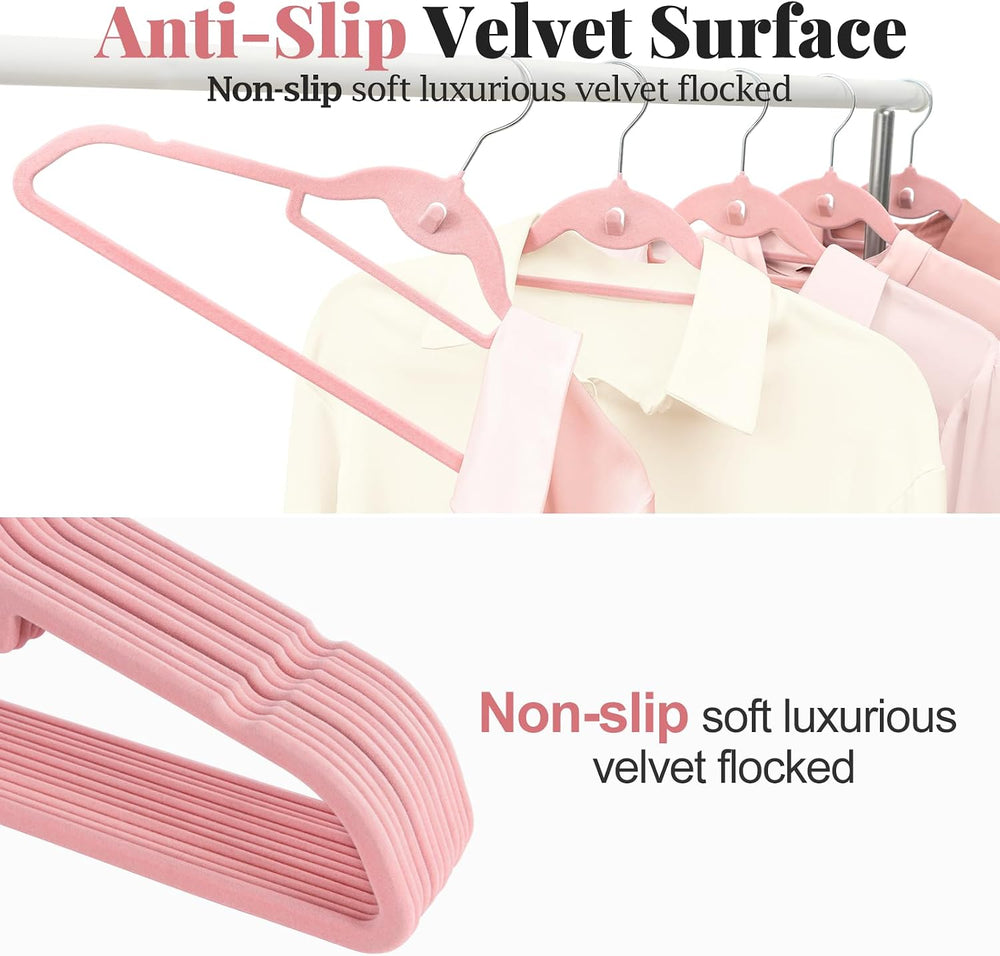 Velvet Felt Stackable Hangers 50 Pack, Thin & Space Saving, Pink