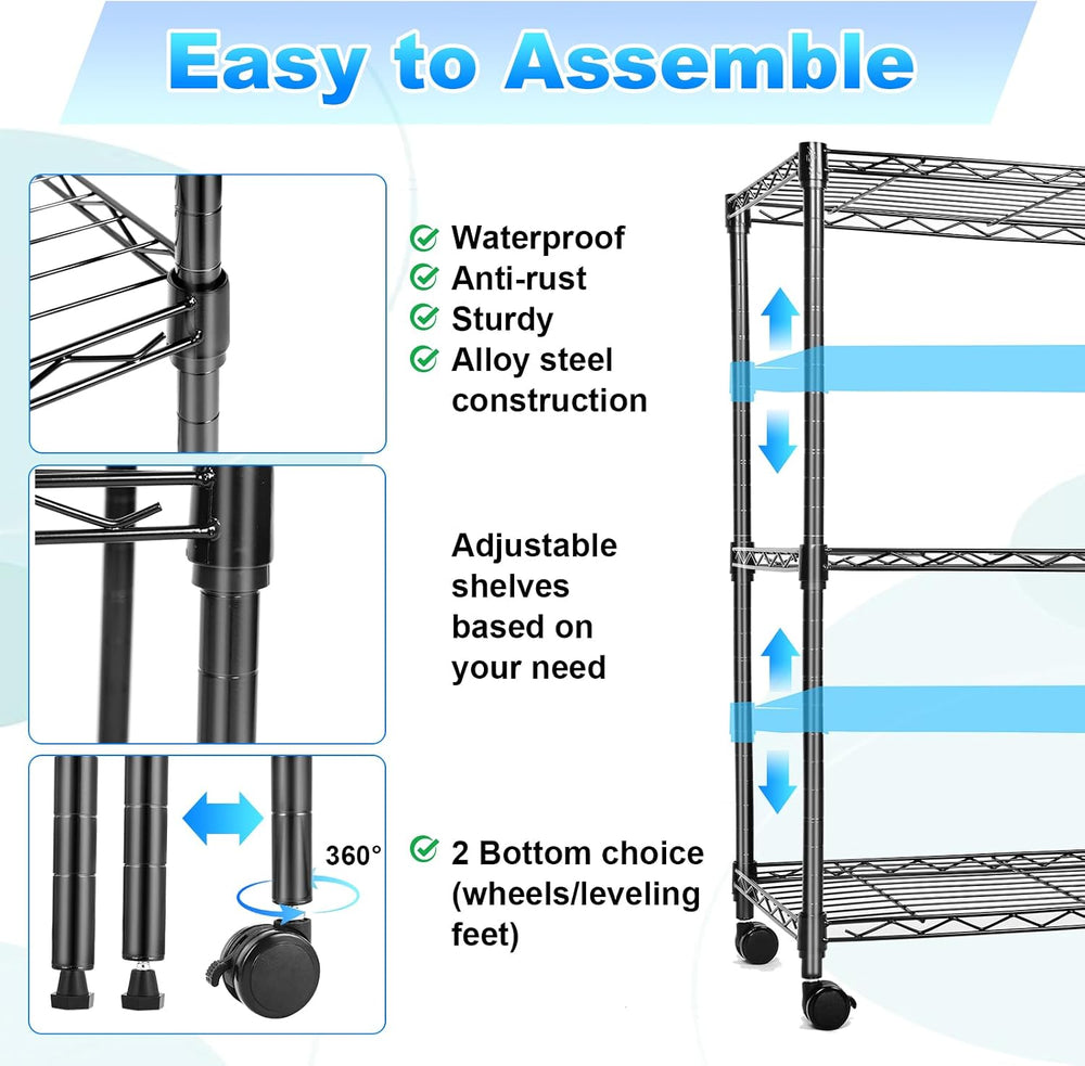 Whitmor 3 Tier Storage Shelves, Heavy Duty with Wheels, Adjustable Wardrobe R...