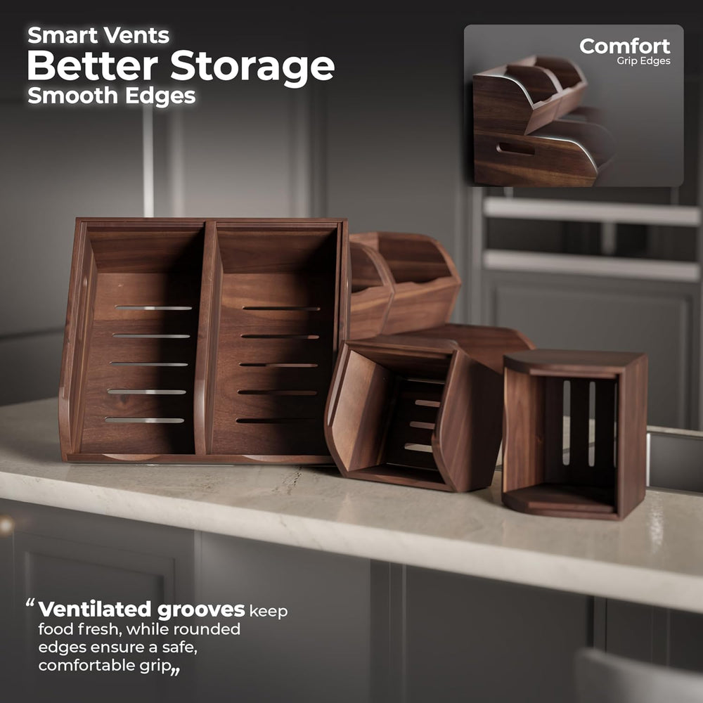Acacia Wood Pantry Storage Bins - Stackable Open Front Kitchen Baskets