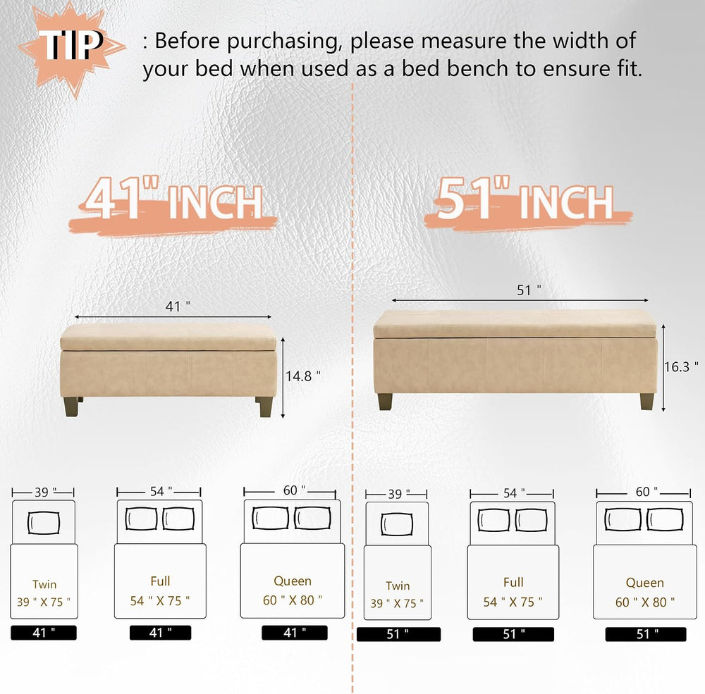 51 Inch Storage Ottoman, Storage Bench with Safety Hinge, Upholstered Synthet...