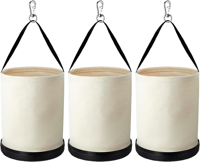 3 Pack Utility Canvas Bucket with Plastic Bottom and Metal Hook 15" x 12" All Purpose Organizer Tool Bucket Bag Load Capacity up to 150 Lbs for Truck Work Tool Accessory