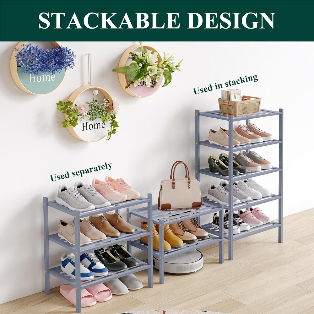 Smiry Bamboo Shoe Rack, 5 Horizontal Slats, 2 Tier - 17.3" Wide, Grey