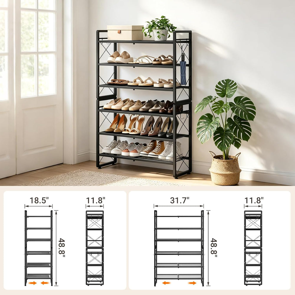 ELYKEN Expandable Shoe Rack for Closet, 6-Tier Metal Black Shoe Organizer