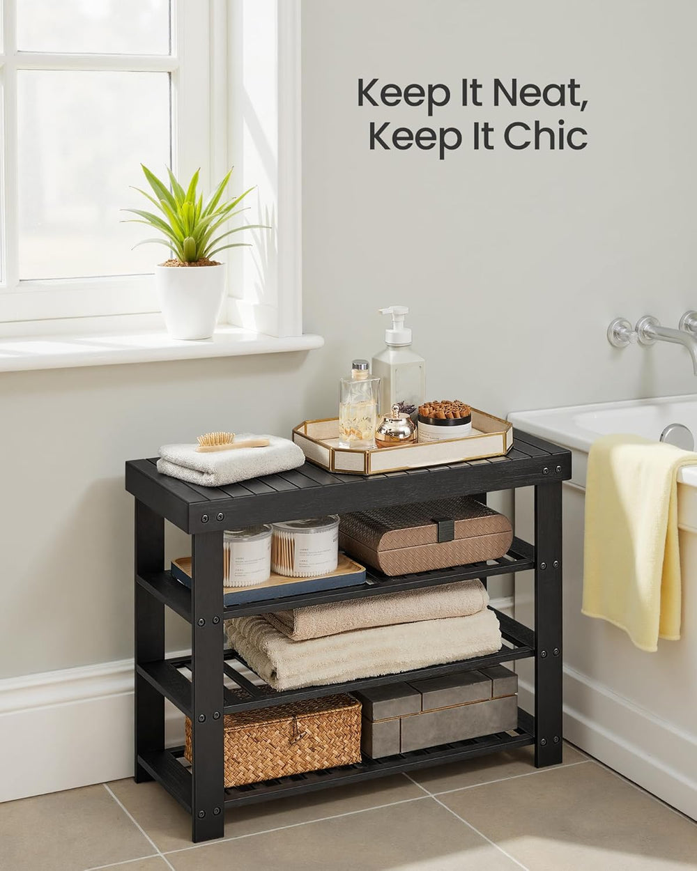 SONGMICS Shoe Rack Bench, 4 Tier Bamboo, 11.3 x 27.6 x 20.5 Inches