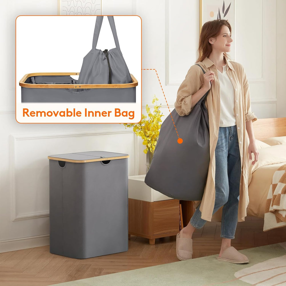 Lifewit 150L Large Laundry Basket with Lid, 2 Removable Bags, Gray