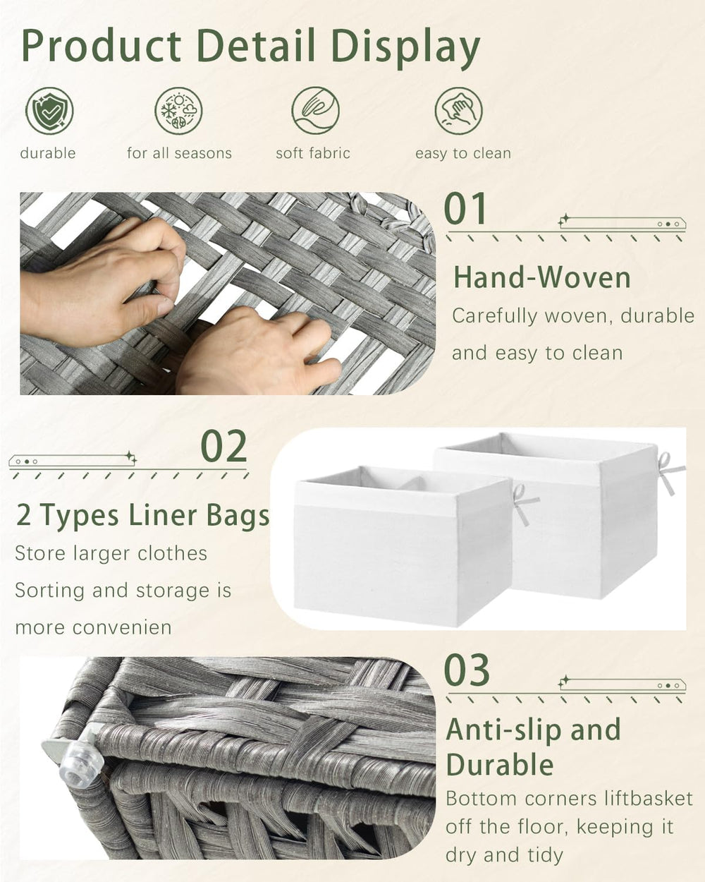 Storage Basket with Lid Wicker Baskets for Storage, 160L Gray