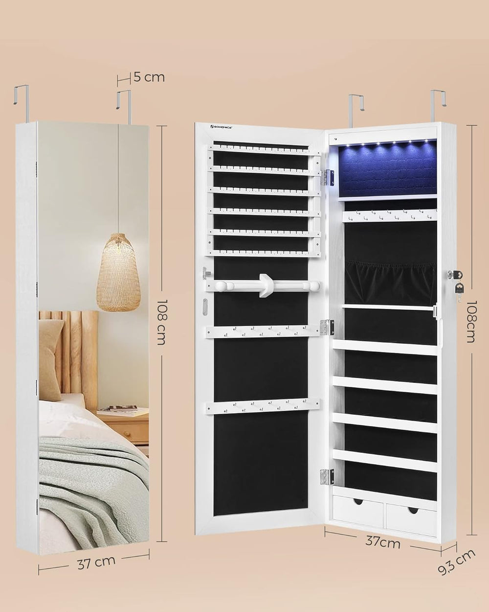 SONGMICS Mirror Jewelry Cabinet Armoire, Wall or Door Mounted, Lockable