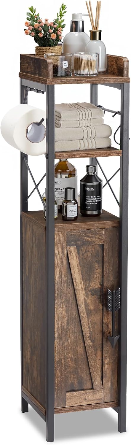 VECELO Small Bathroom Cabinet, Slim Toilet Paper Holder with Door&2 Shelv...
