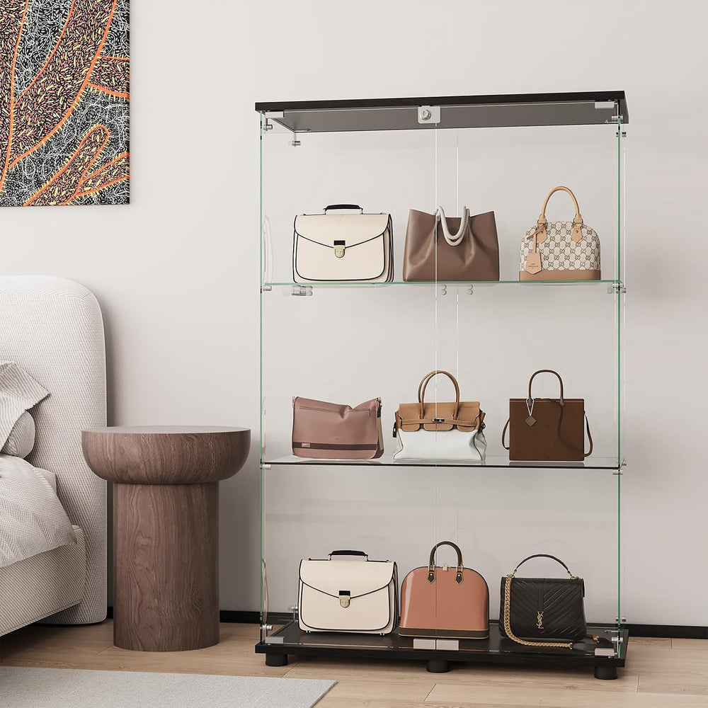 Glass Display Cabinet with 3-Shelf Double Doors and Lock, Curio Cabinet 5mm T...