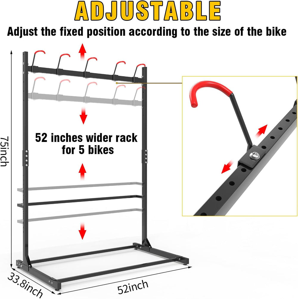 Freestanding 5 Bikes Stand w/Upgrade Hooks, 52" Heavy Duty Bike Rack