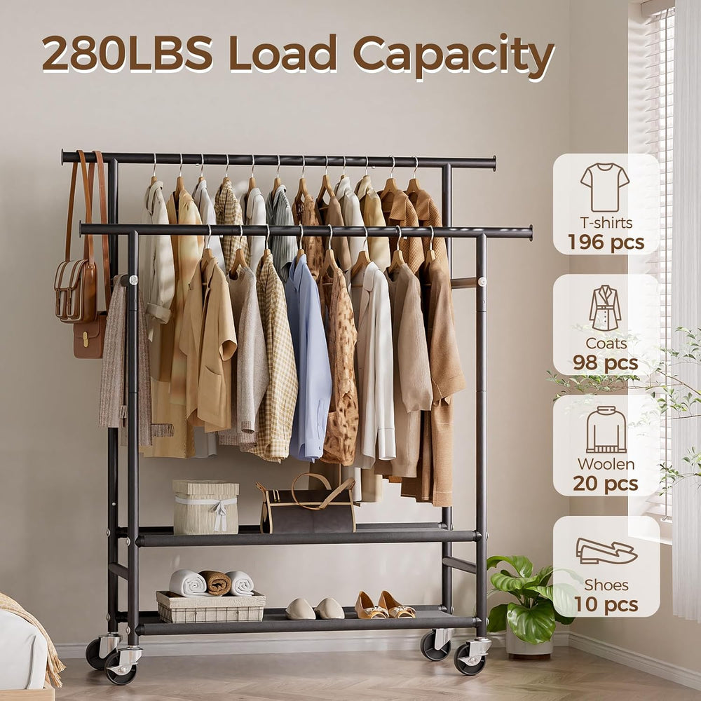 HYSEYY Clothes Rack,Double Rods Rolling Clothing Rack for Hanging Clothes,Por...