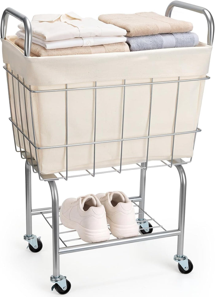 Rolling Laundry Basket with Wheels 26" Height Metal 2-Tier Cart