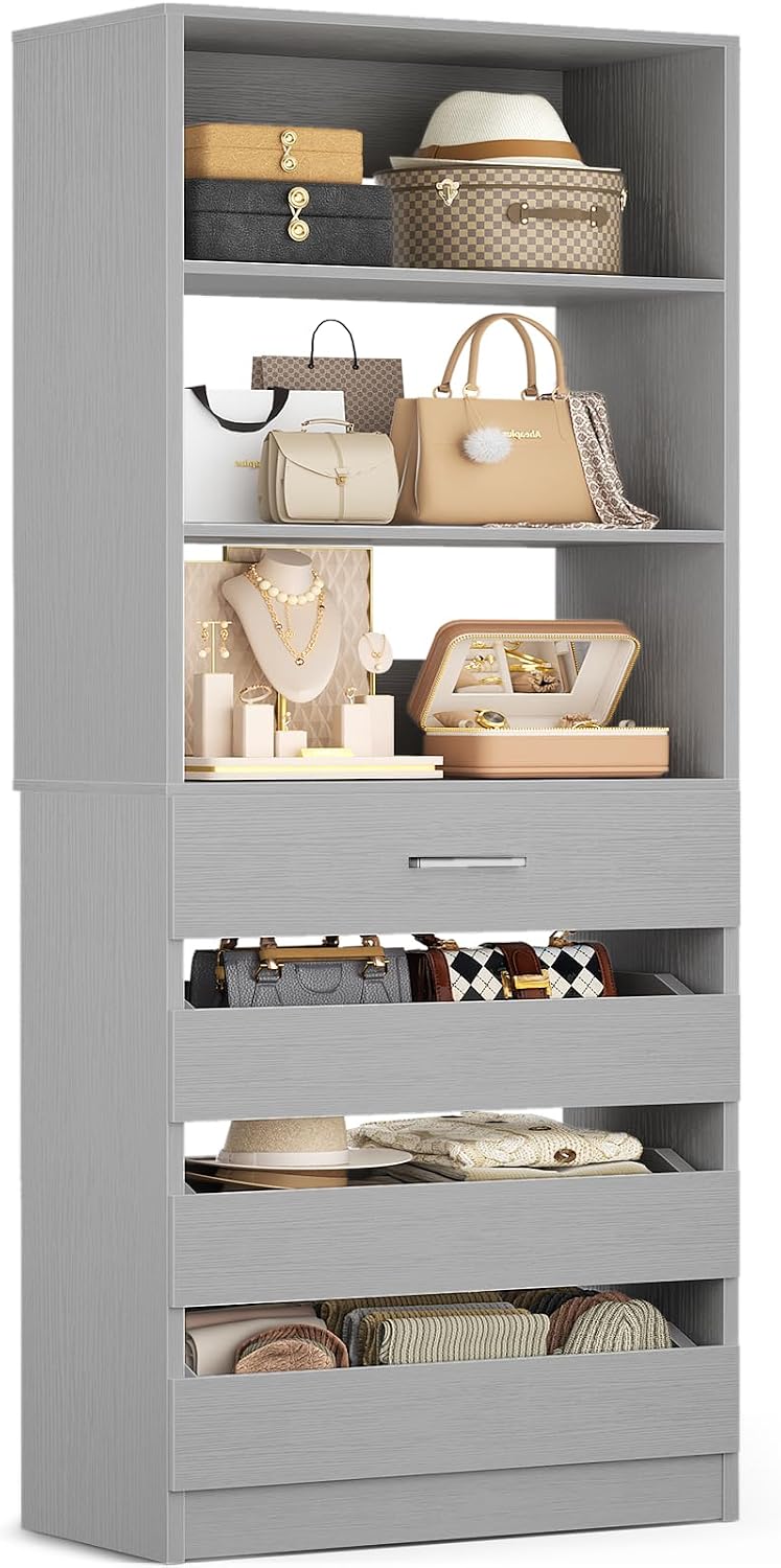 Aheaplus 21.3" Closet System with 4 Drawers, Wood Closet Organizer, Grey