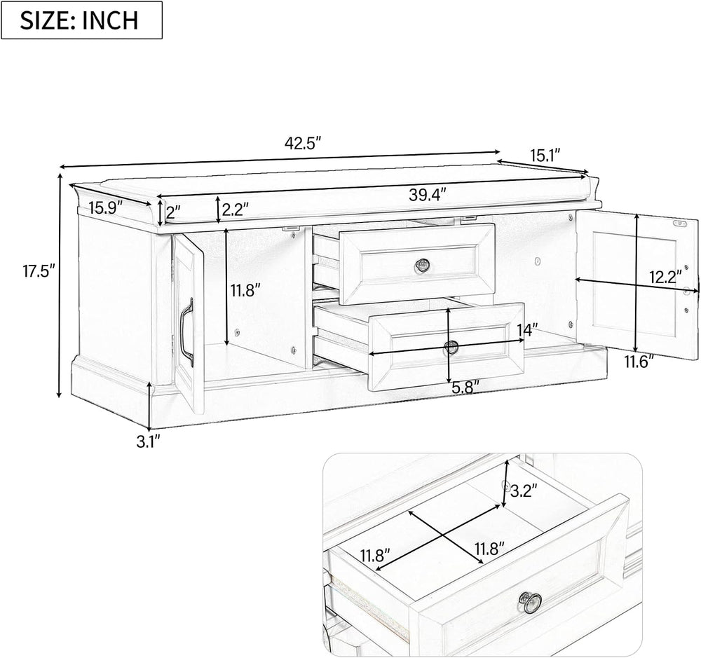 42.5″ Storage Bench with 2 Drawers and 2 Cabinets, Entryway Shoe Rack w/Remov...