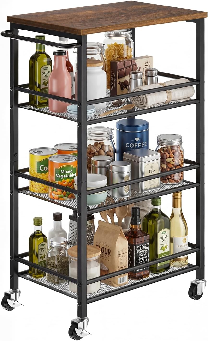 Pipishell Laundry Storage Cart with Wheels, Handle & Wood Top, Metal 4 Tier