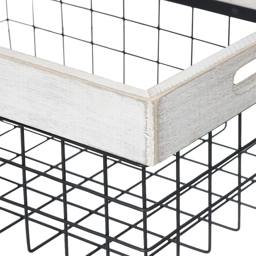 Set of 3 Metal Wire Baskets for Organizing Wood Top with Handles Storage Orga...