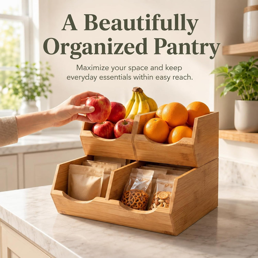 Bamboo Pantry Storage Bins Set of 3, Stackable Desktop Organizer
