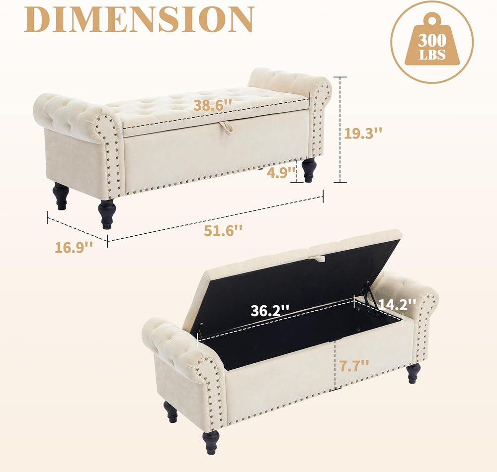 51" Storage Bench for Bedroom, Upholstered Ottoman Bench, Chenille Beige