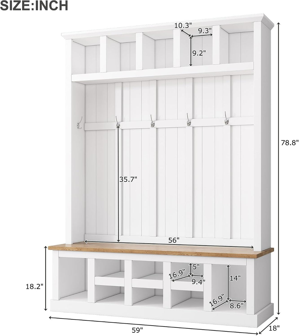 78''H Hall Tree with Wide Storage Seating Bench, Farmhouse Wooden Sty...