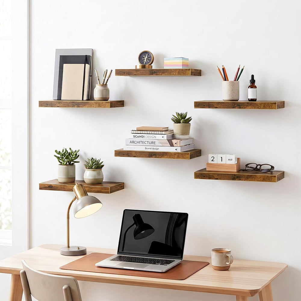 Fixwal Floating Wall Shelves for Decor (Rustic Brown, Set of 6, 15.7 Inch)