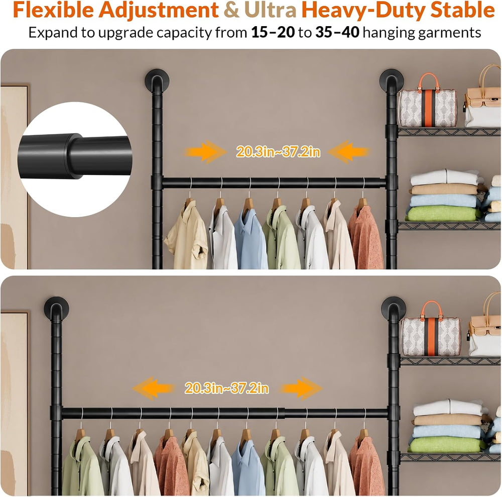 Wall Mounted Clothes Rack with 2 Drawers, 3 Row Expandable Closet