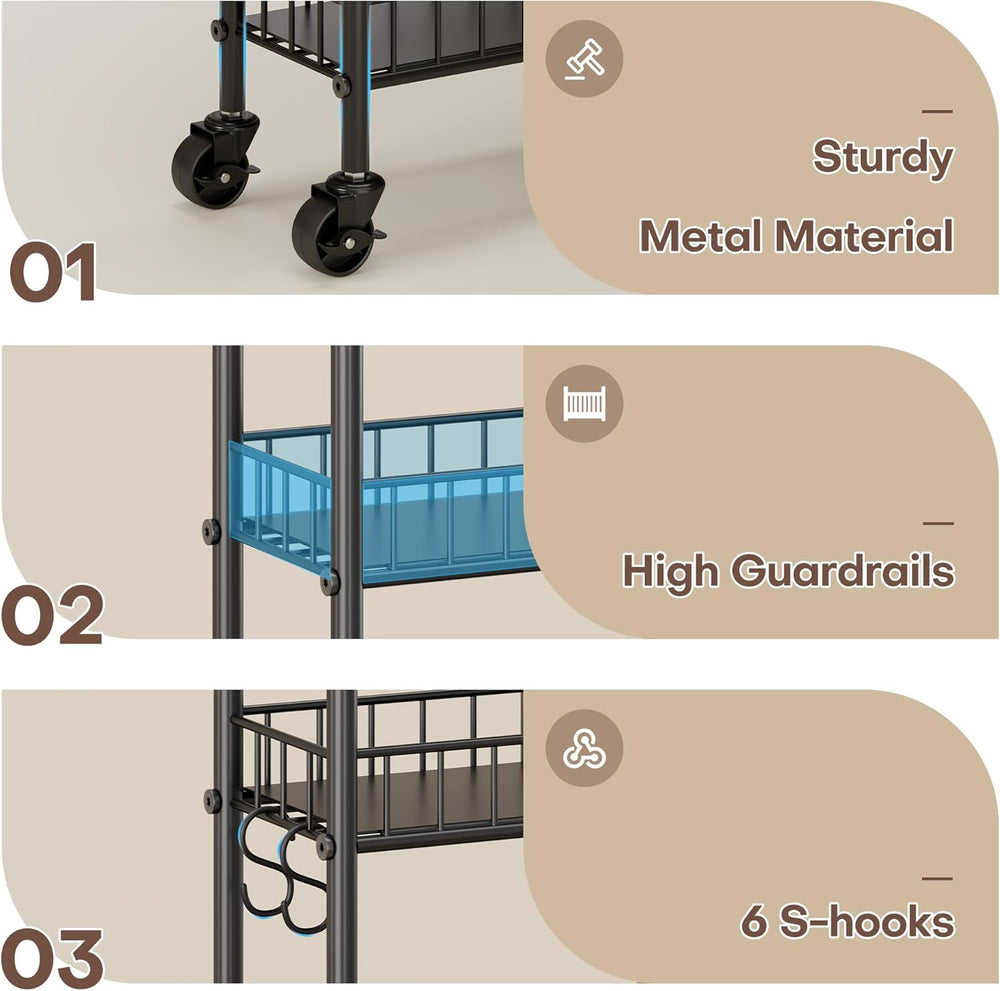 6 Tier Slim Storage Cart with Wheels, Metal Mobile Shelving Unit Organizer Ut...