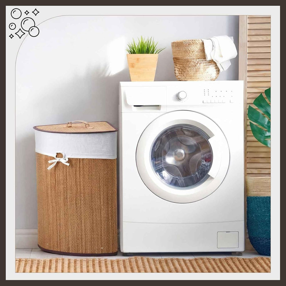 Gueevin Corner Bamboo Laundry Hamper with Lid and Removable Liner Corner Bamb...