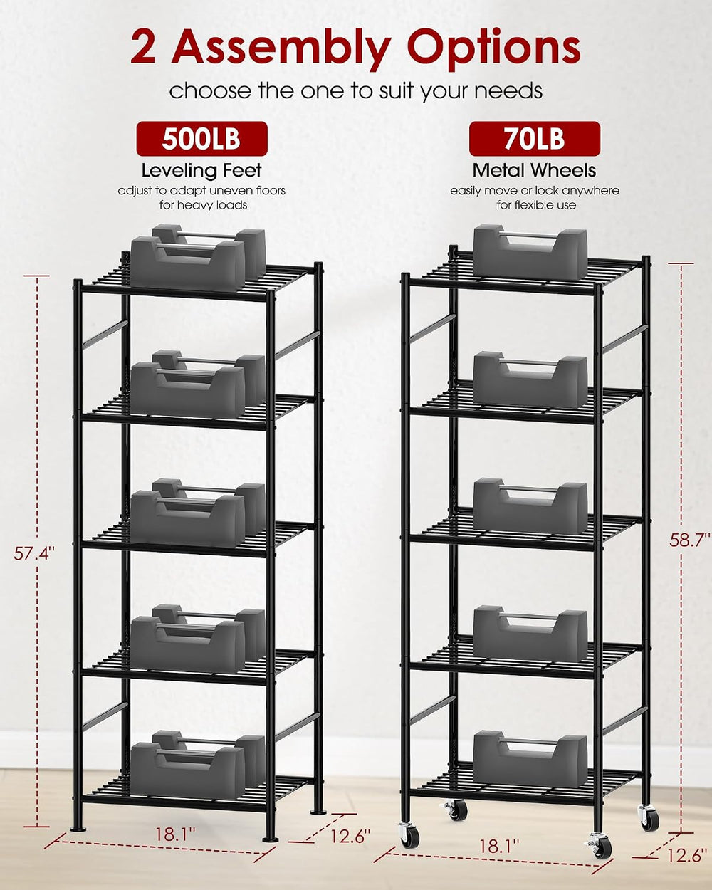 Sakugi 5-Tier Storage Shelves 18.1x12.6x58.7 Black with Wheels
