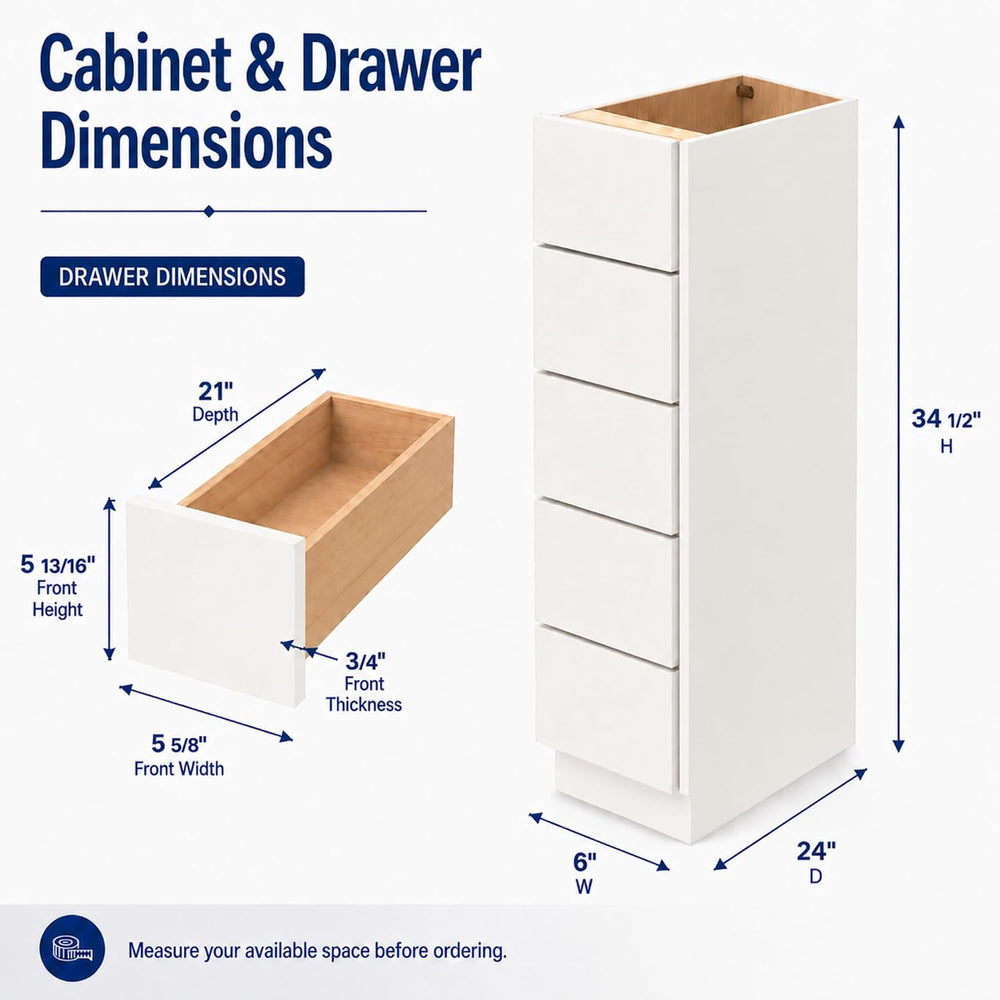 6 Inch Narrow Kitchen Cabinet with 5 Drawers (Dov White, Shaker)