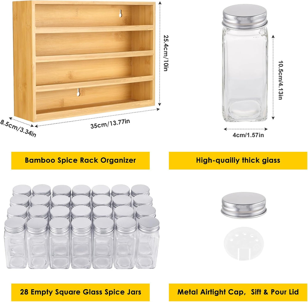 Bamboo Spice Rack Organizer With 28 Glass Spice Jars 4 oz, for Countertop