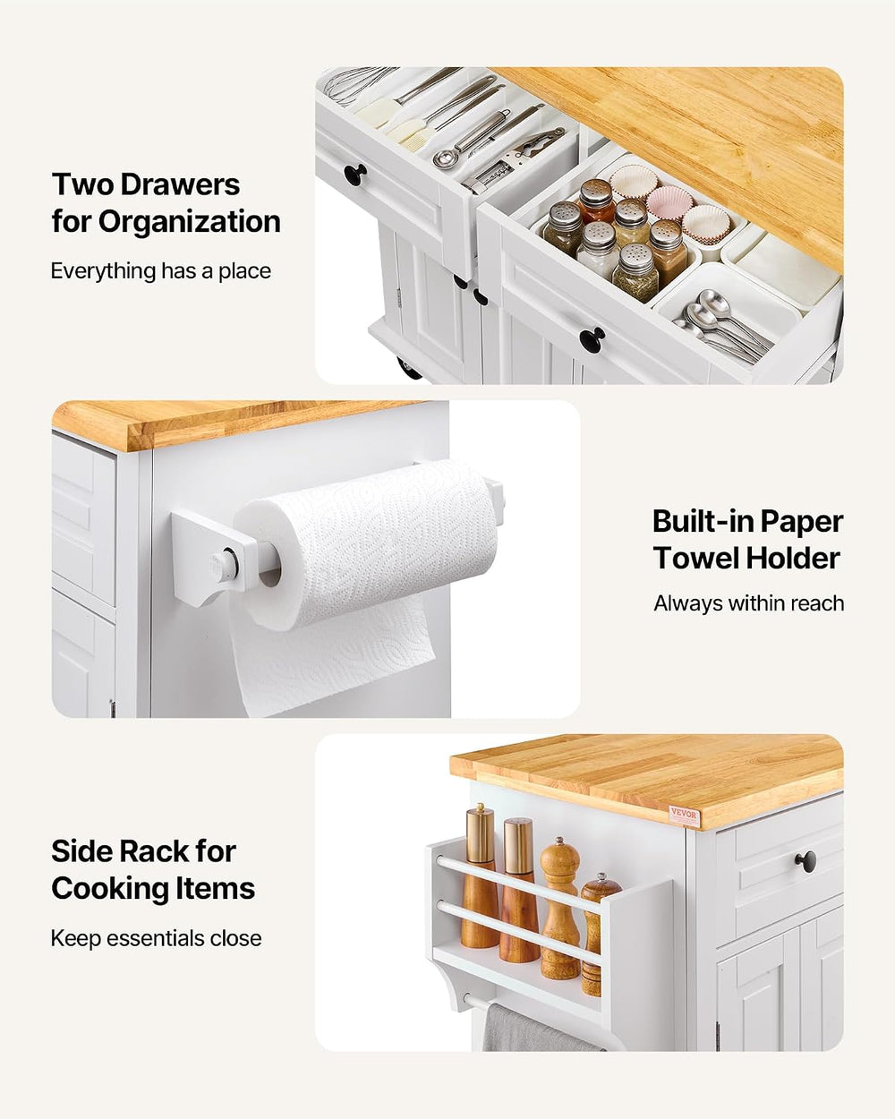 VEVOR Kitchen Island Cart with Solid Wood Top, 35.4" Width Mobile Carts ...