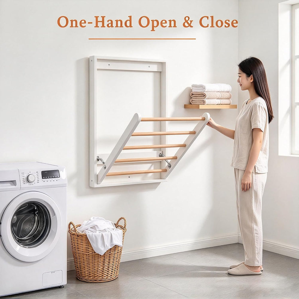 Wooden Wall Mounted Clothes Drying Rack, Foldable Laundry Rack