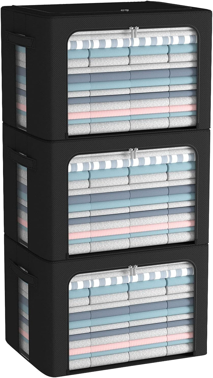 CYhom 3Pack Foldable Storage Bins - Frame Storage Box Linen Fabric Stackable Clothes Container Organizer with Clear Window & Carry Handles Large Capacity (Large-66L, Black)