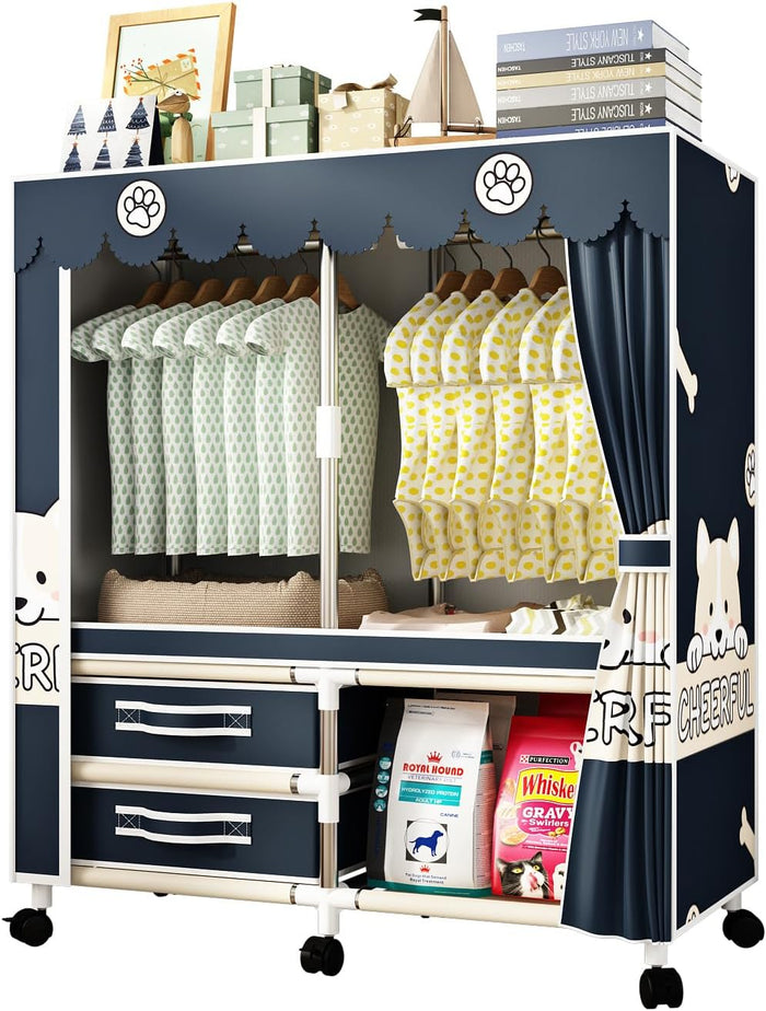 Large Portable Armoire Wardrobe Closet with 4 Hanging Rods and Lockers,Metal Storage Wardrobe Clothes Rack with Dust Cover for Clothes,16.7 in Wide,Bedroom,Gray (Navy Blue, 33.5 in)