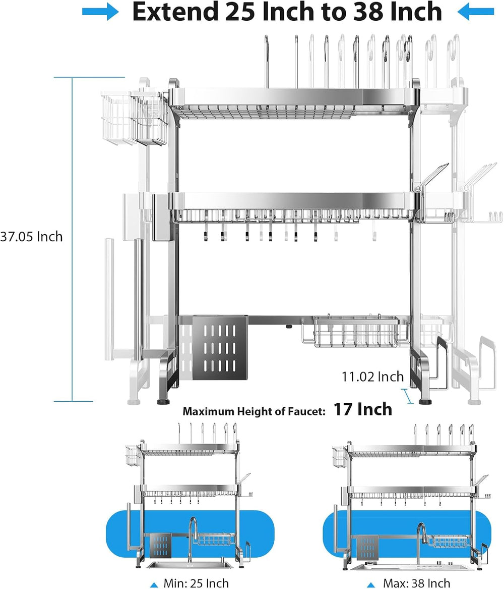 Over The Sink Dish Drainer Drying Rack 3 Tier Adjustable Width