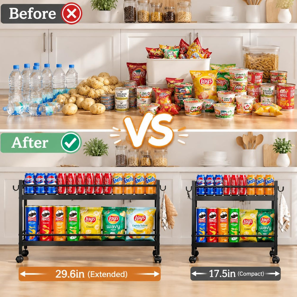 2-Tier Expandable Rolling Pantry Cart, Pantry Floor Organizers and Storage
