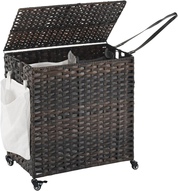 Laundry Hamper with Wheels, 39.6 Gallon(150L) Rolling Laundry Basket with Lid, Removable Large 2 Color Liners & 3 Mesh Laundry Bags, Clothes Hamper with Side Pocket, Brown