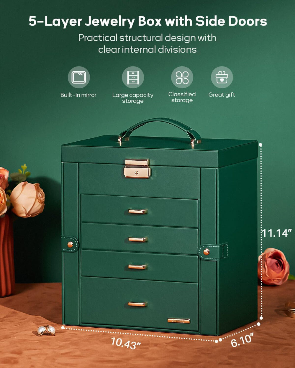Homde Large Jewelry Box for Women: 5-Layer Organizer with Lock for Dresser