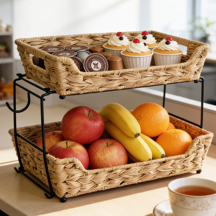 2-Tier Round Faux Rattan Wicker Storage Basket with Metal Frame, Countertop Organizer Shelf for Kitchen, Bathroom, Pantry (Corner)