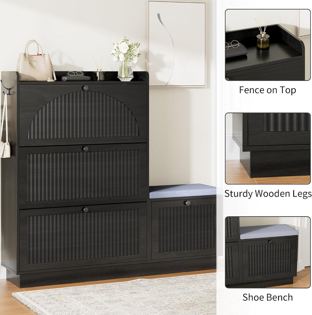 Shoe Storage Cabinet for Entryway with 4 Flip Drawers & Bench (Black)